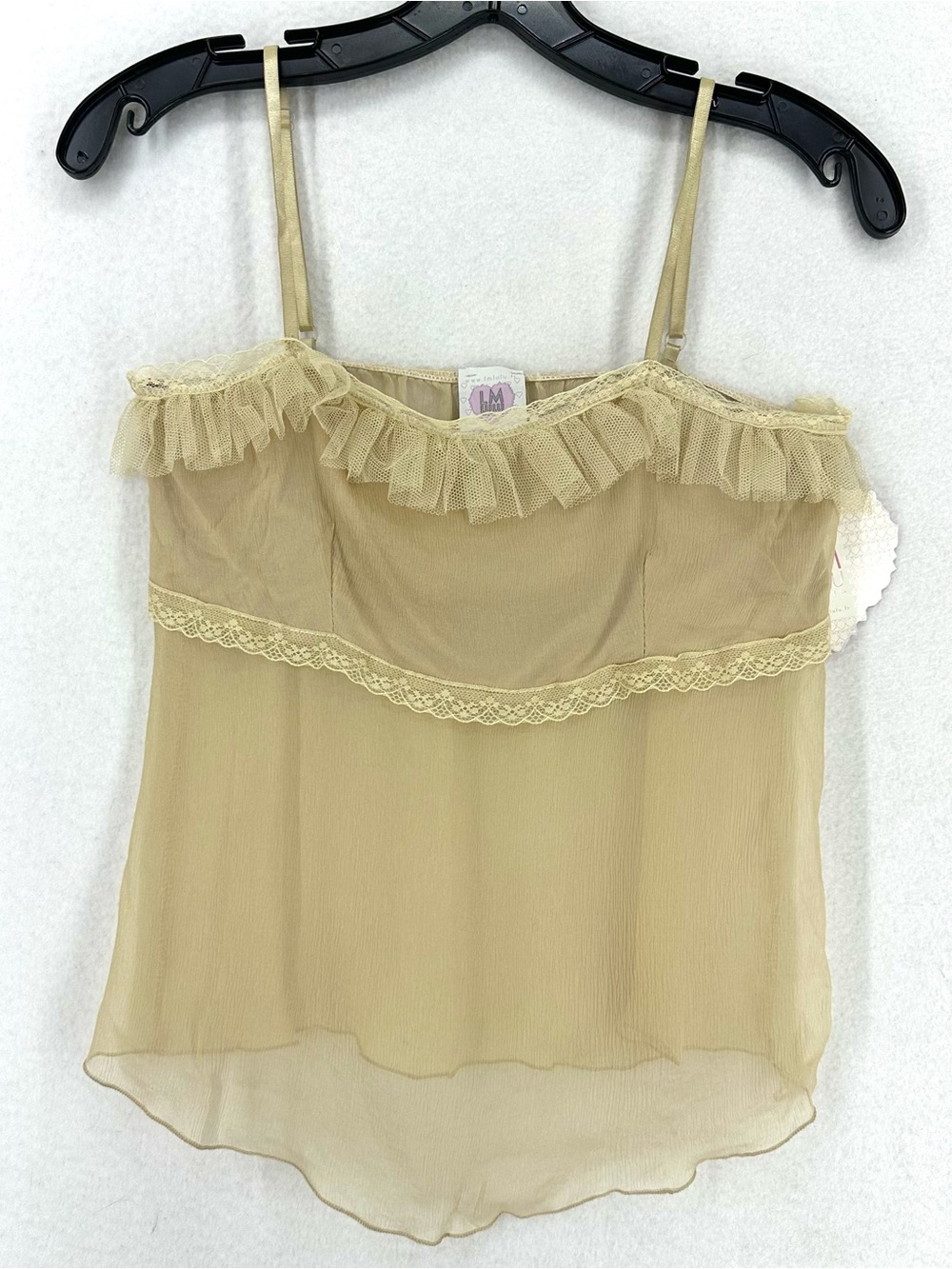 LM Lulu Paris 80% Silk Cami Women’s S Beige Y2K Ruffle Chiffon Top